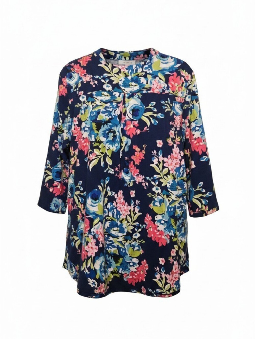 Women's 2X Blue Floral Pullover Top 3/4 Sleeve Button Strap A.Jesdani